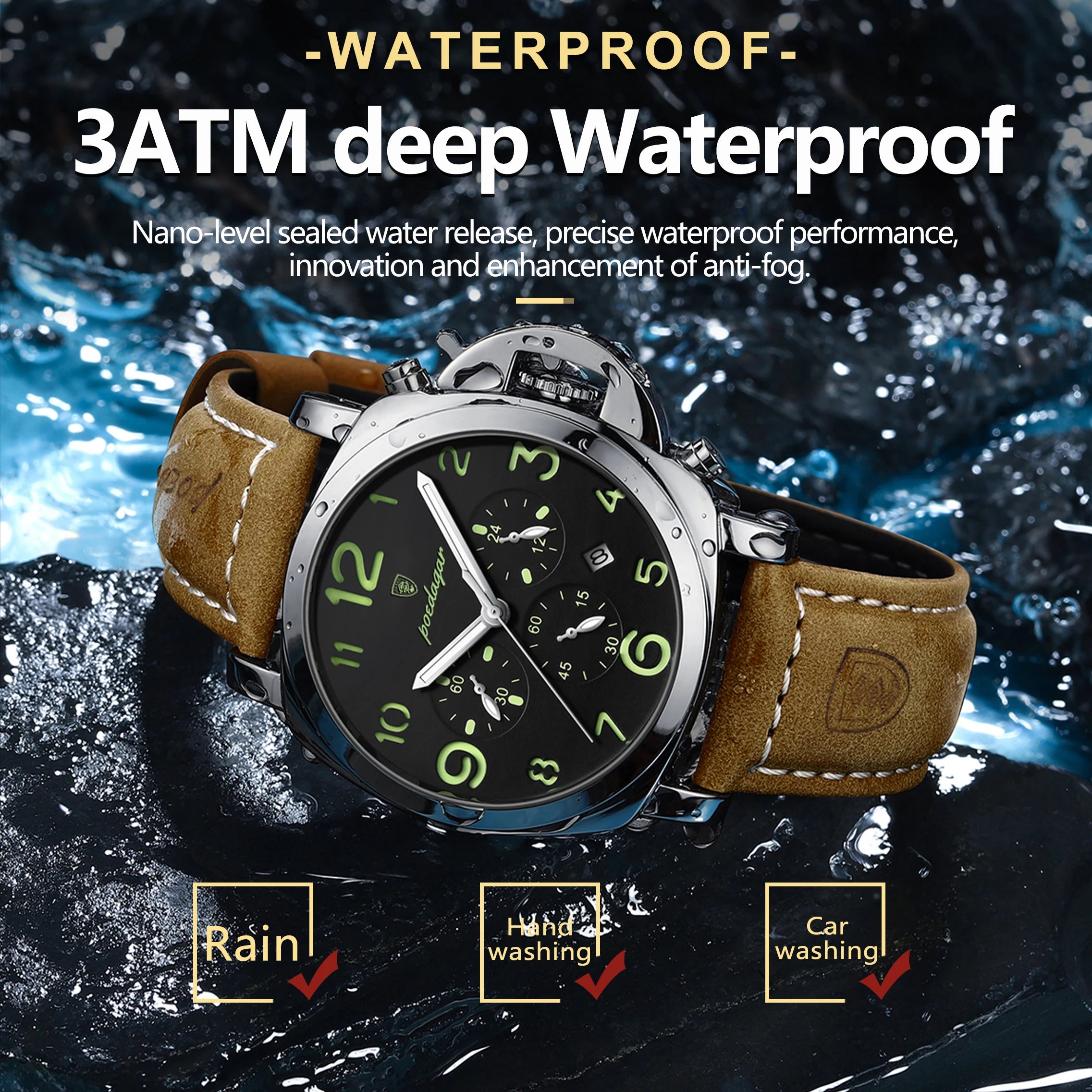 Military Style Chronograph Watch – Luminous Leather Strap with Date