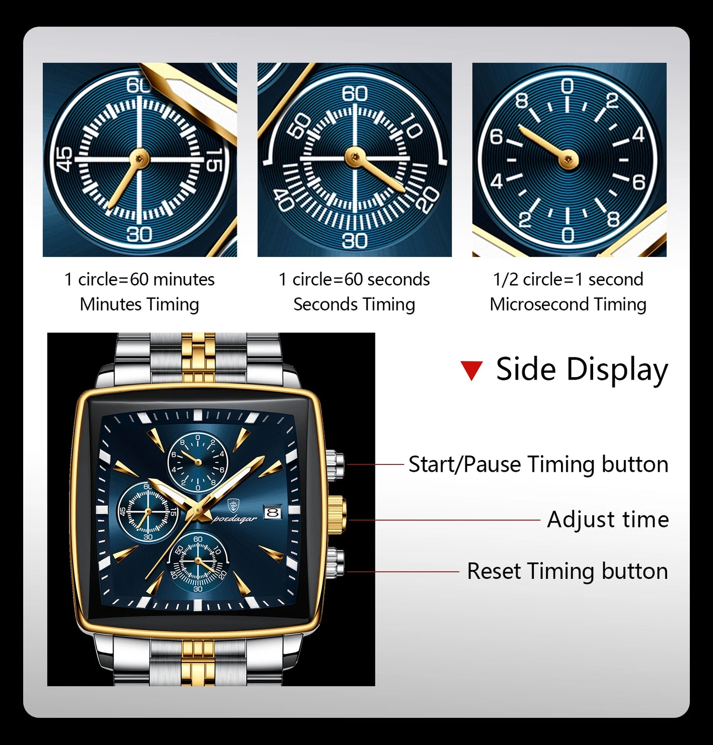 Square Chronograph Watch – Bold Numberless Dial with Hidden Clasp Bracelet