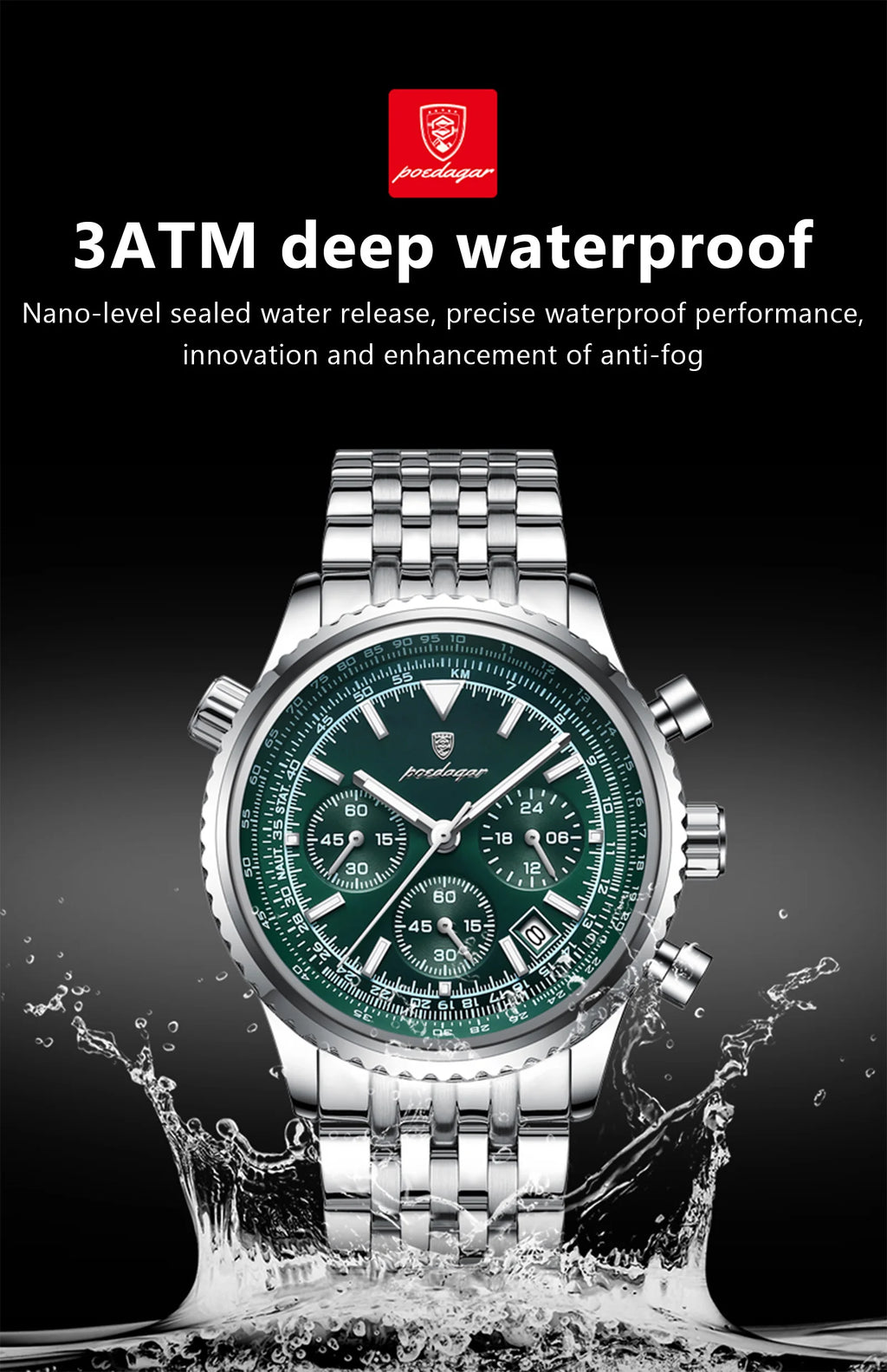 Chronograph Date Watch – Luminous Numberless Dial with Hidden Clasp Bracelet