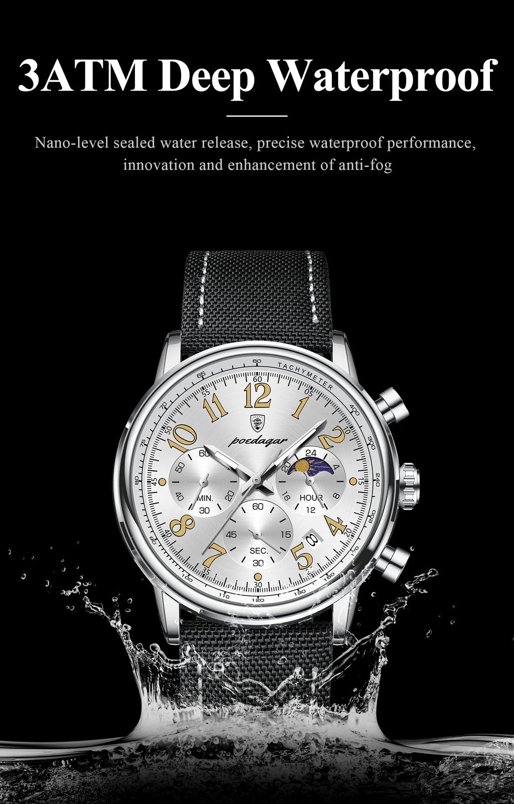 Classic Chronograph Watch – Luminous Arabic Dial with Nylon Strap