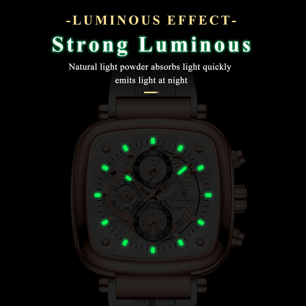 Square Chronograph Sport Watch – Luminous Dial with Silicone Strap & Date