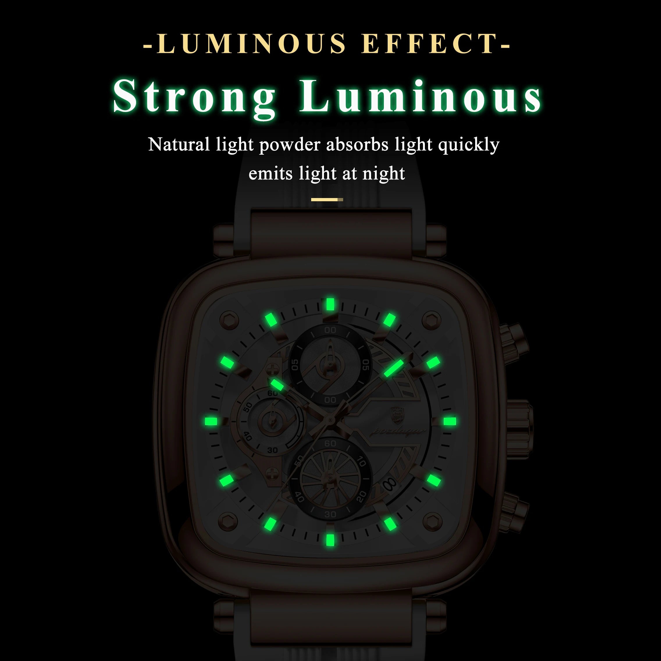 Square Chronograph Sport Watch – Luminous Dial with Silicone Strap & Date