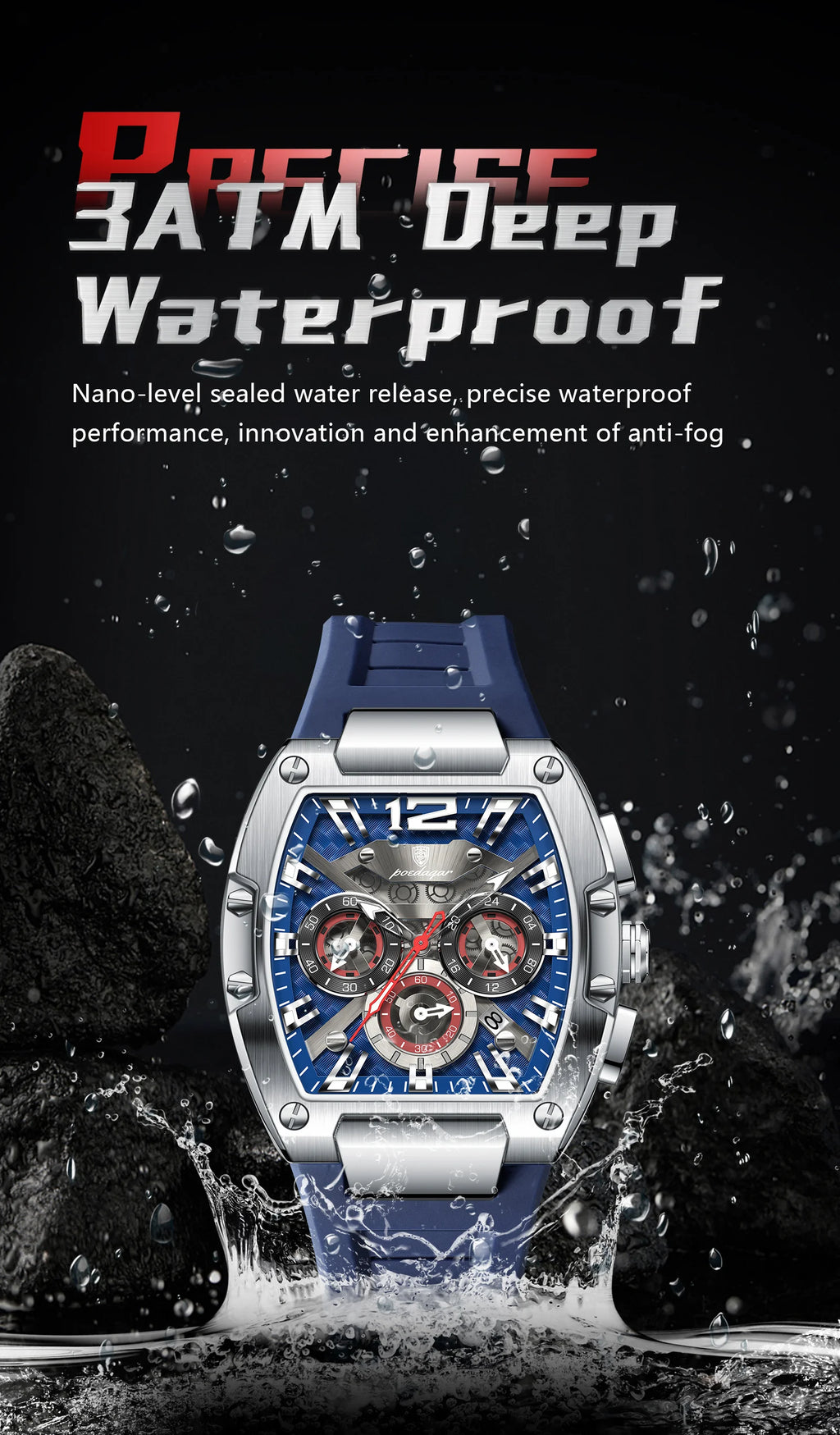 Tonneau Chronograph Watch – Luminous Arabic Dial with Silicone Strap