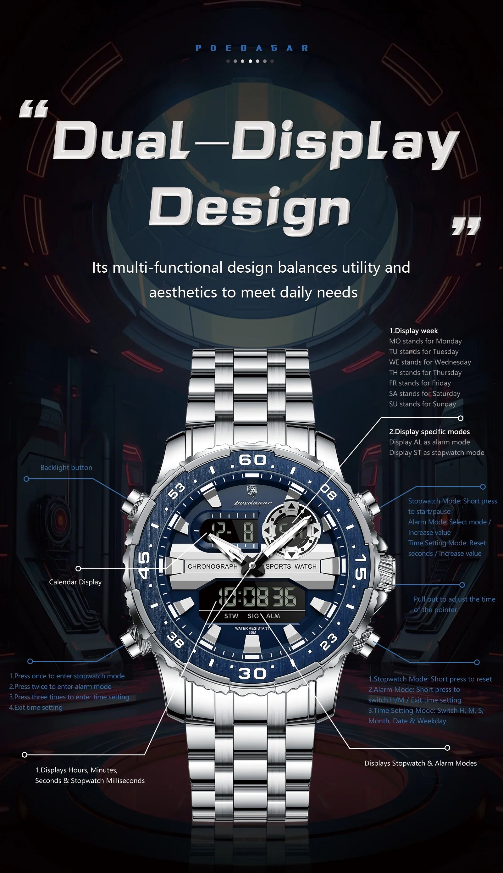 Square Chronograph Watch – Large Numberless Dial with Hidden Clasp Bracelet
