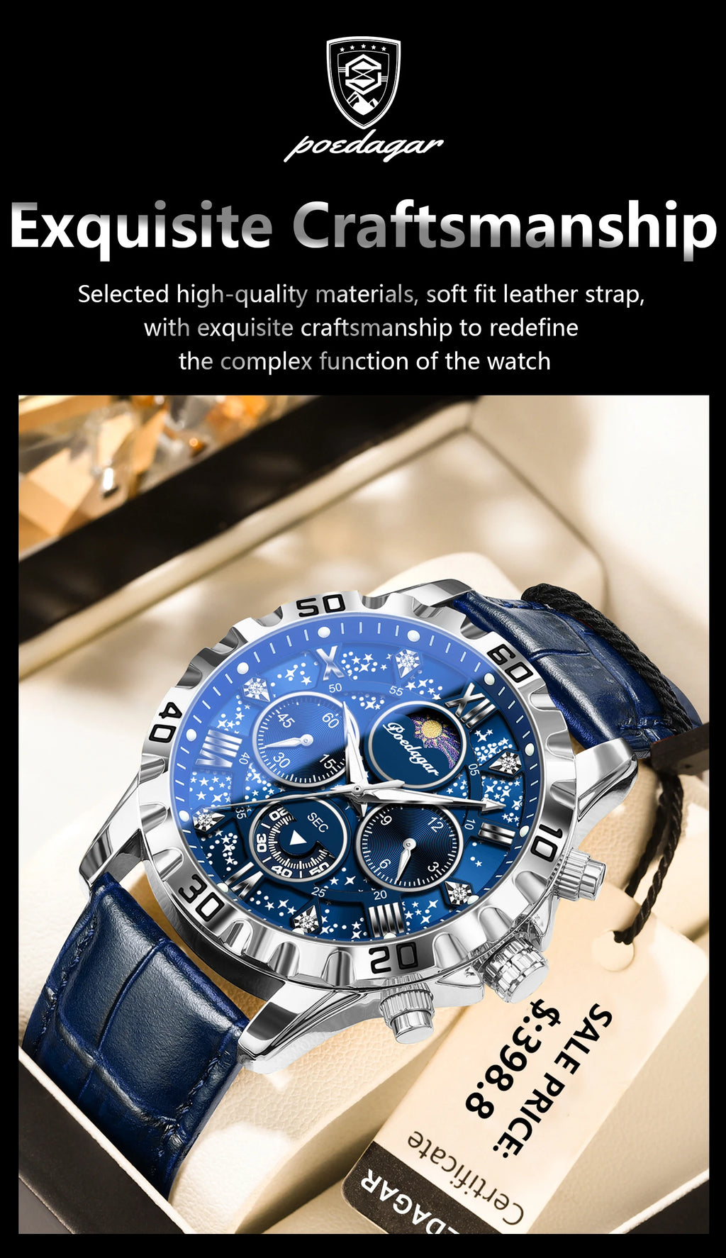 Chronograph Watch with Multiple Time Zone – Leather Strap & Sapphire Crystal