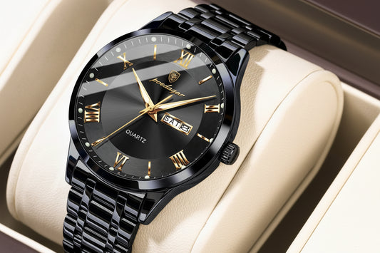 Full Calendar Stainless Steel Watch – Luminous Dial with Date, Week & Hidden Clasp