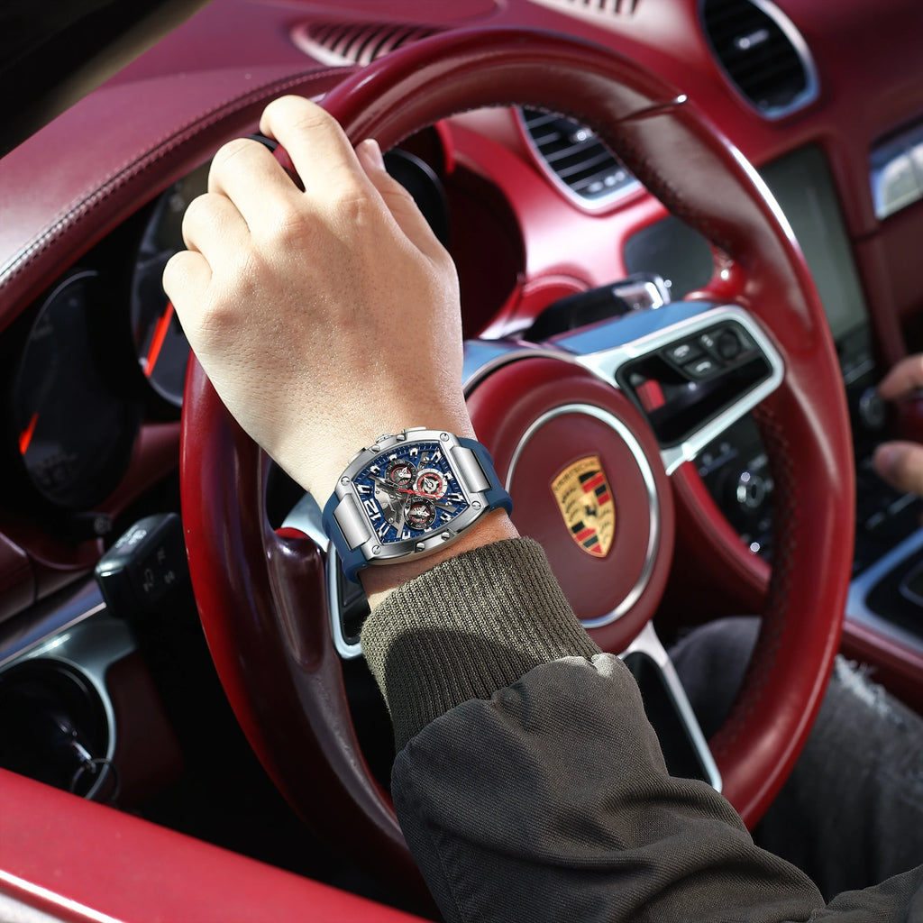 Bold Tonneau Timepiece – Luminous Chronograph with Premium Silicone Strap