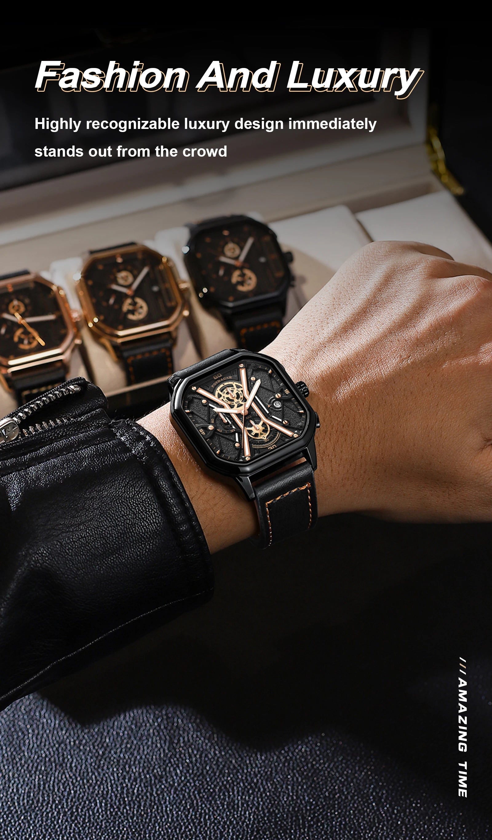 Square Chronograph Watch – Full Calendar with Leather Strap & Luminous Dial