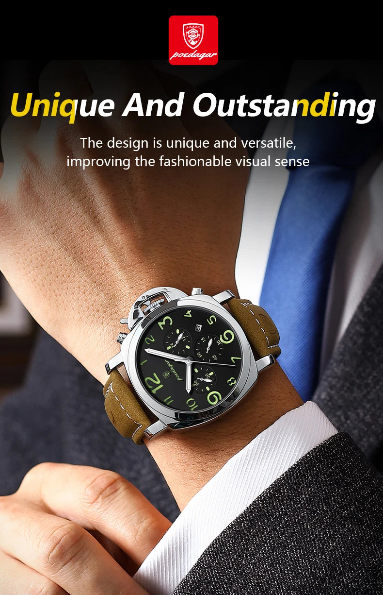 Military Style Chronograph Watch – Luminous Leather Strap with Date