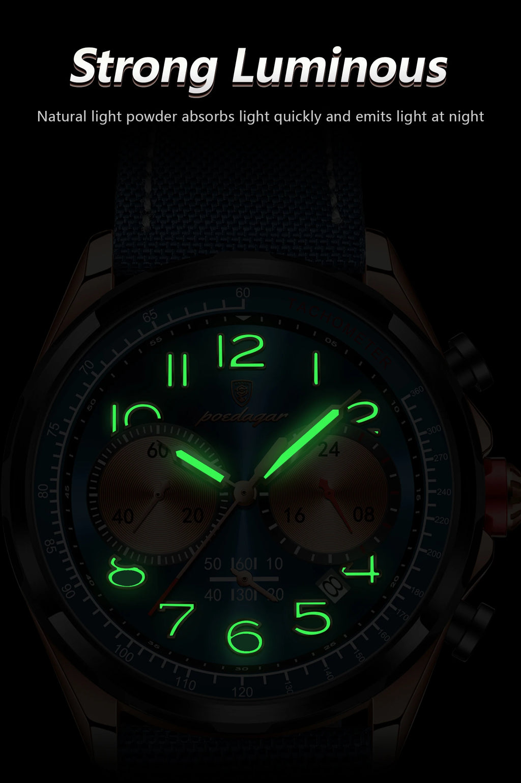 Chronograph Watch with Nylon Strap – Complete Calendar & Luminous Arabic Dial