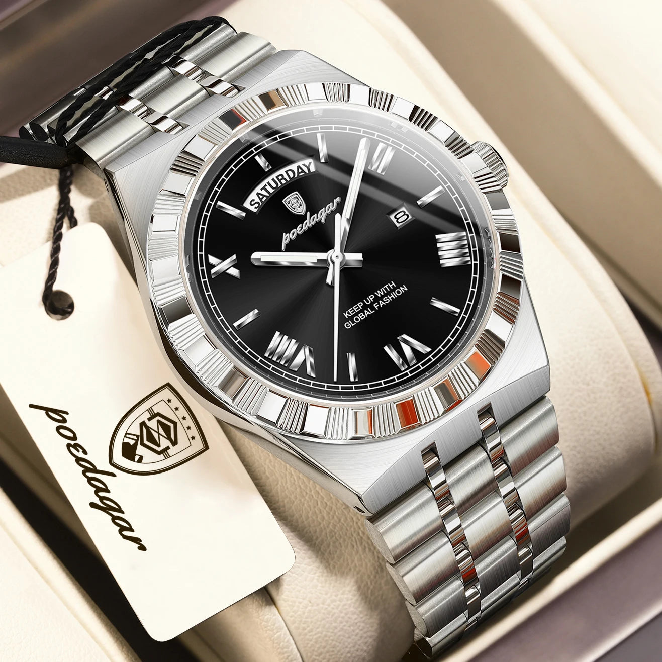 Luxury Business Chronograph – Day, Date, Luminous Dial, Steel Bracelet