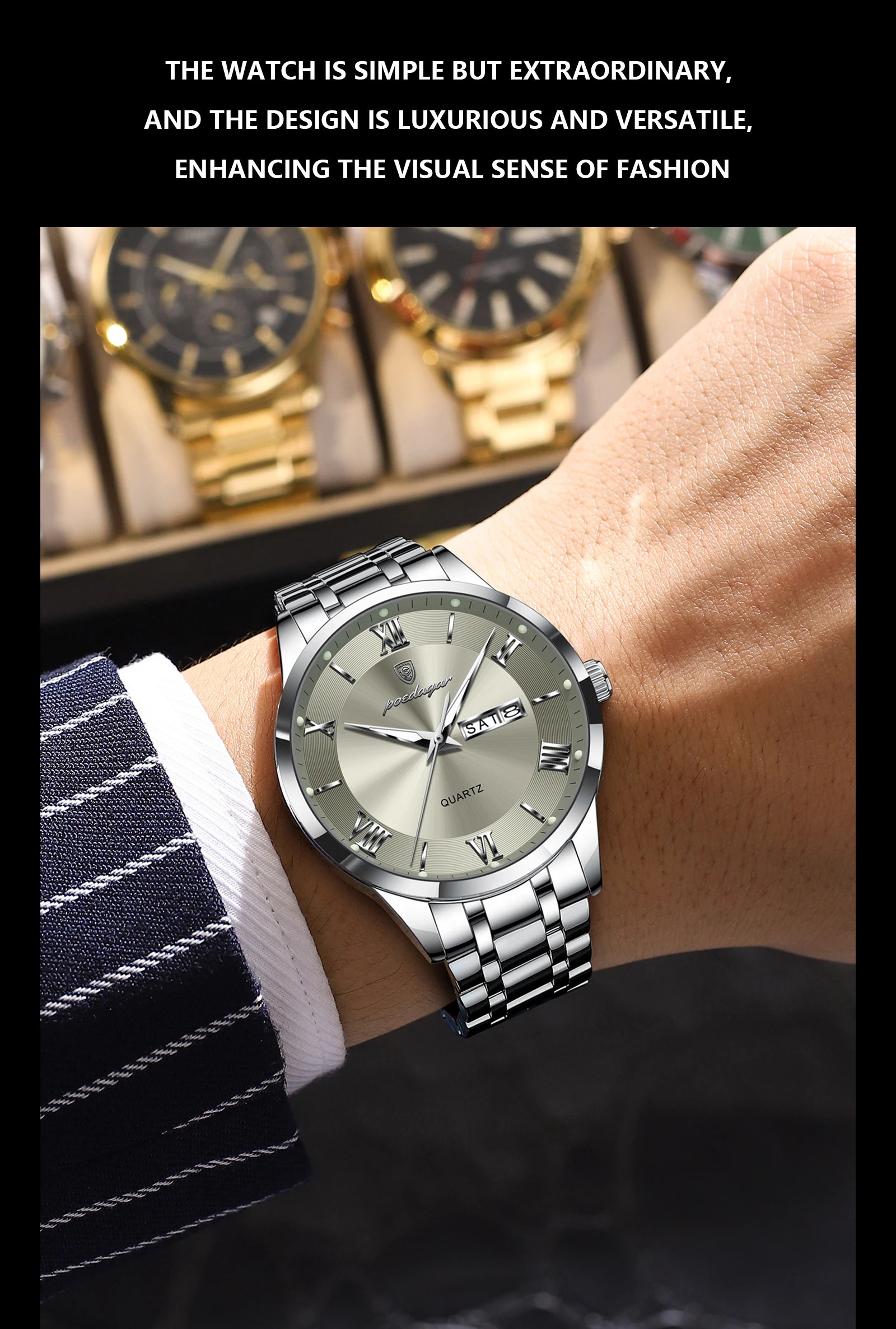 Roman Numeral Full Calendar Watch – Luminous Dial with Hidden Clasp Bracelet