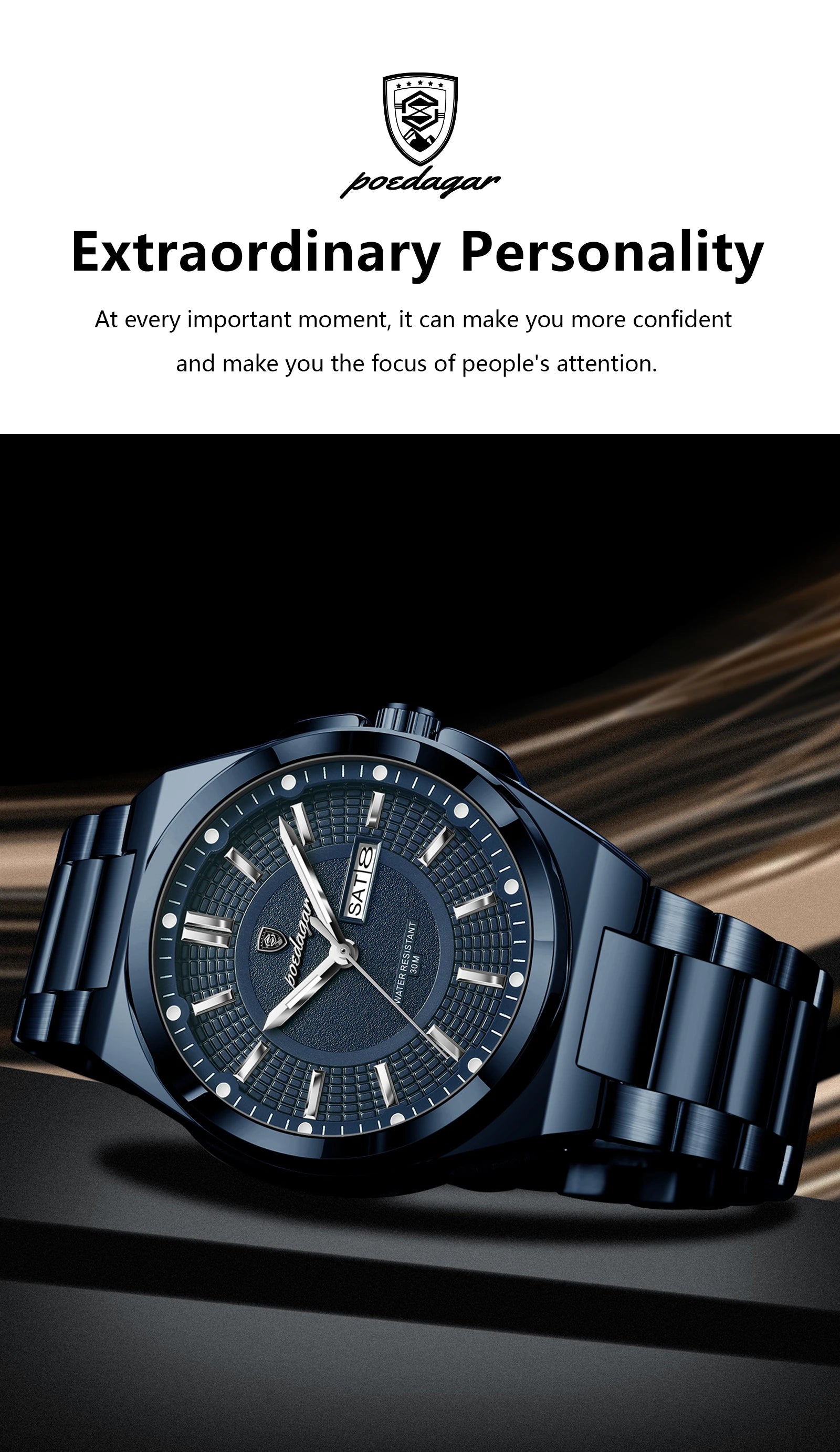 Full Calendar Sport Watch – Luminous Dial with Hidden Clasp Bracelet