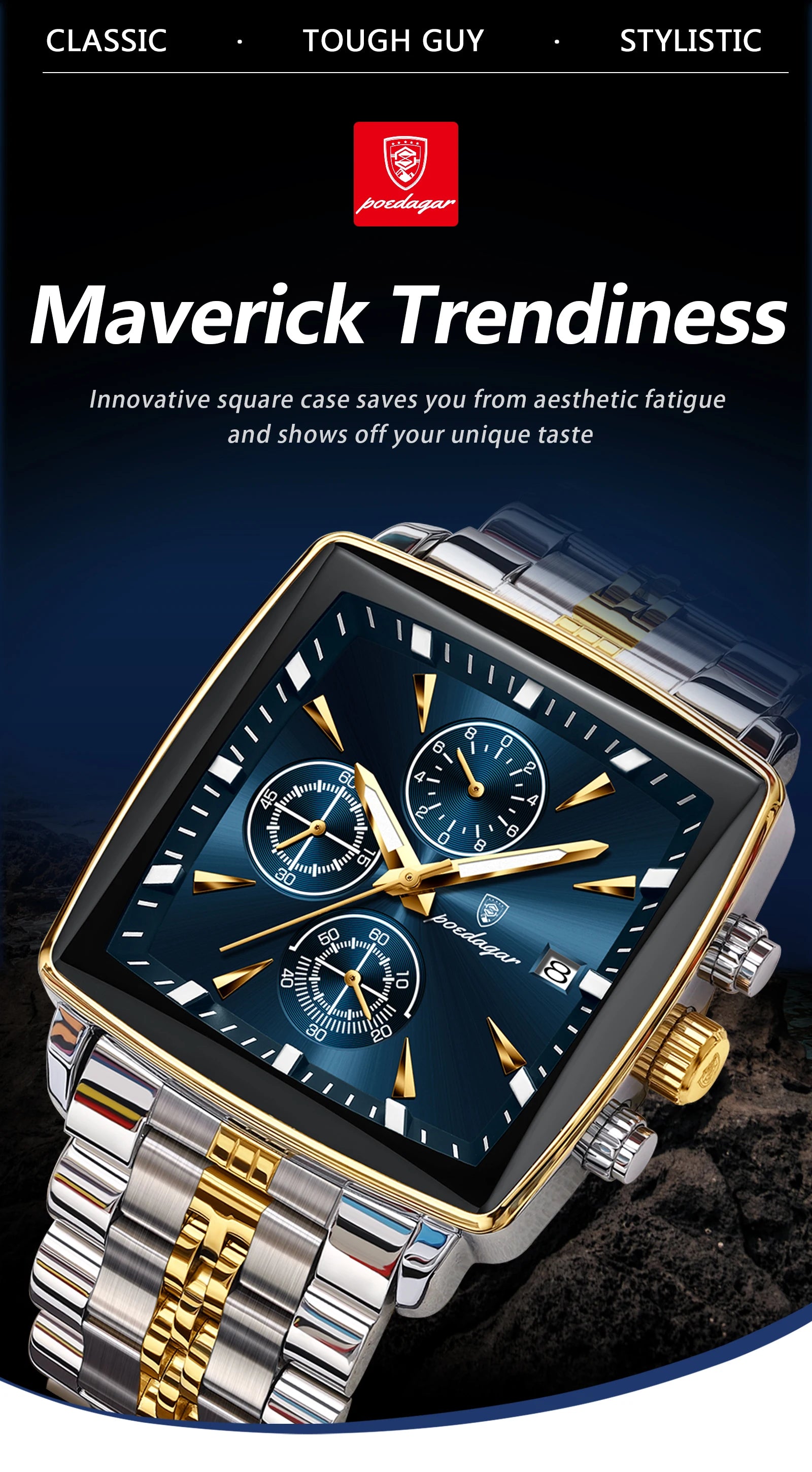 Square Chronograph Watch – Numberless Dial with Hidden Clasp Bracelet