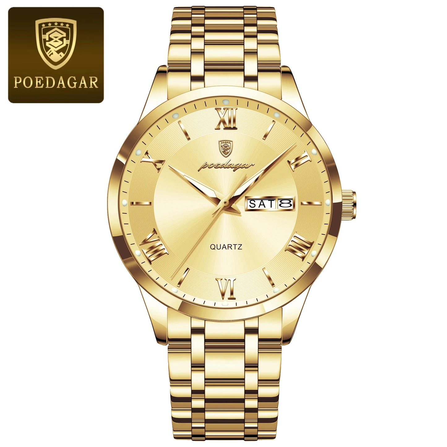 Roman Numeral Full Calendar Watch – Luminous Dial with Hidden Clasp Bracelet