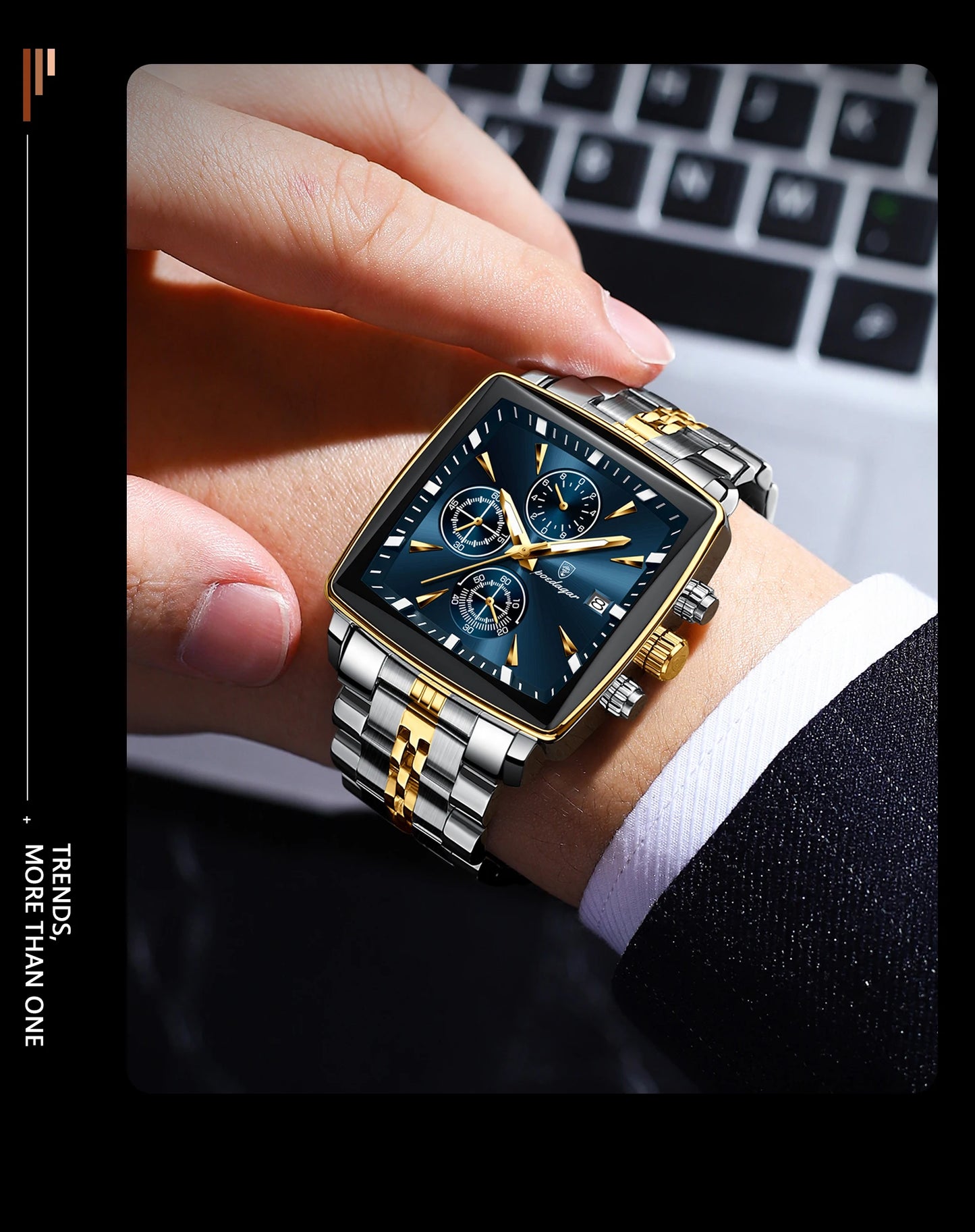 Square Chronograph Watch – Bold Numberless Dial with Hidden Clasp Bracelet