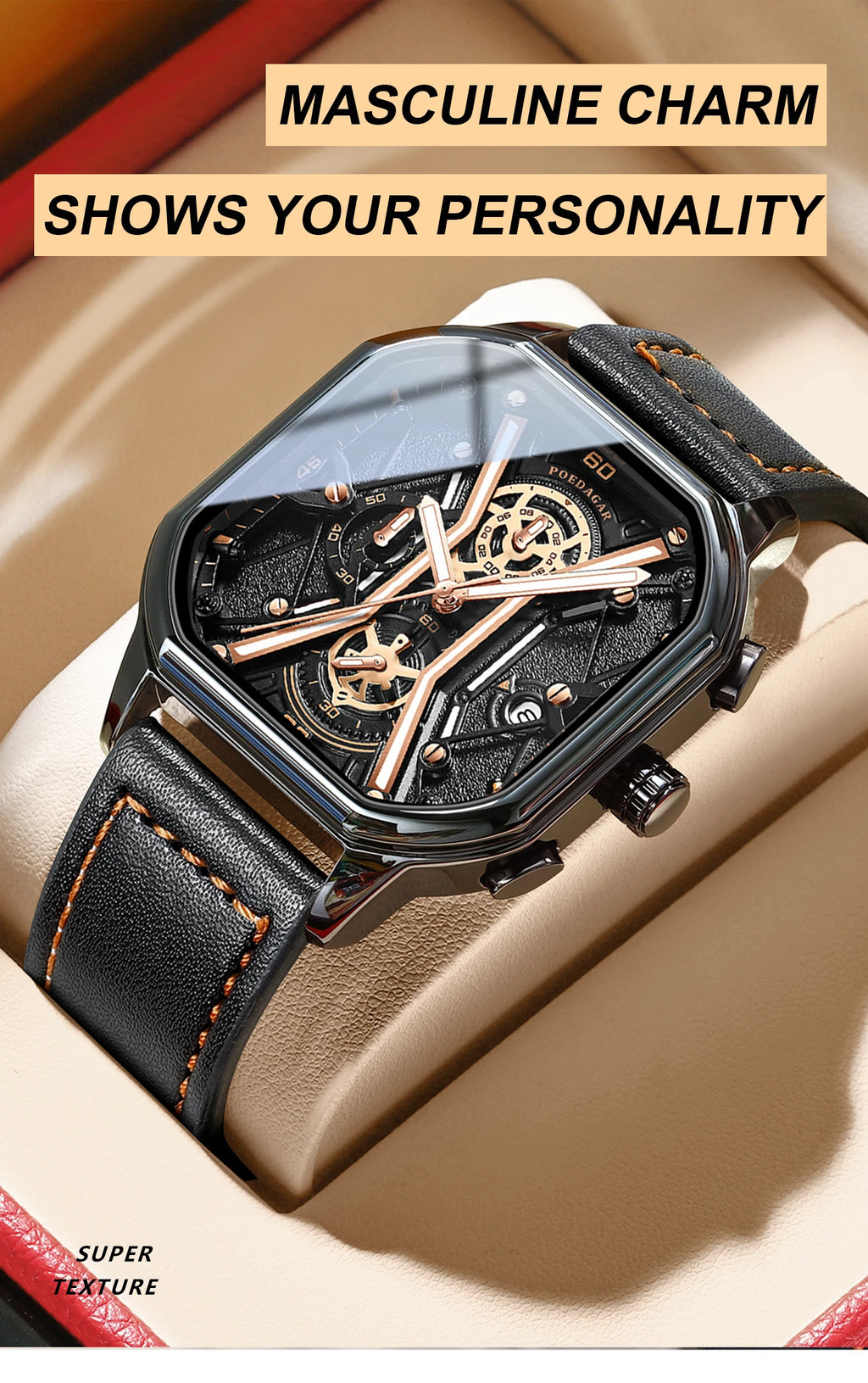 Square Chronograph Watch – Full Calendar with Leather Strap & Luminous Dial