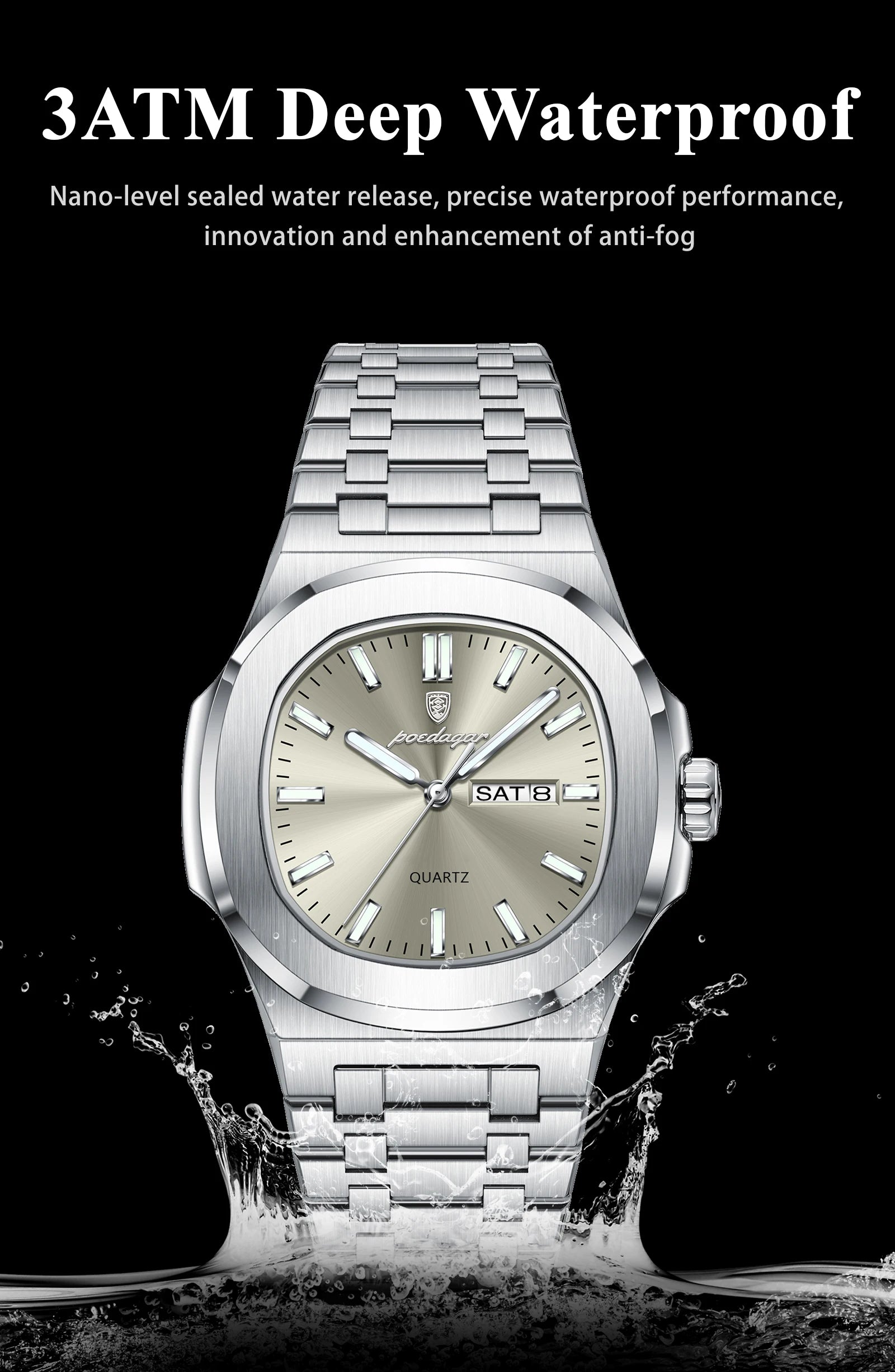 Square Full Calendar Watch – Date & Week Display with Hidden Clasp Bracelet