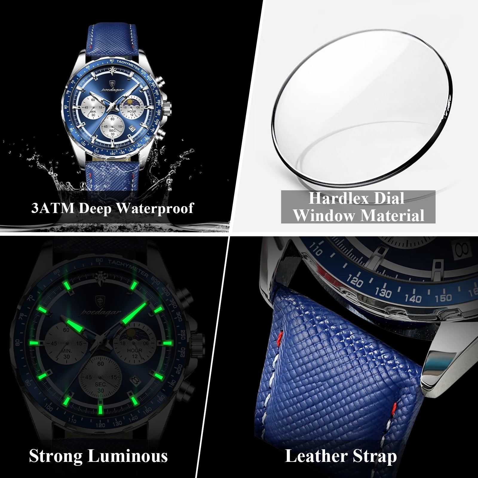 Leather Chronograph Watch – Luminous Dial with Date